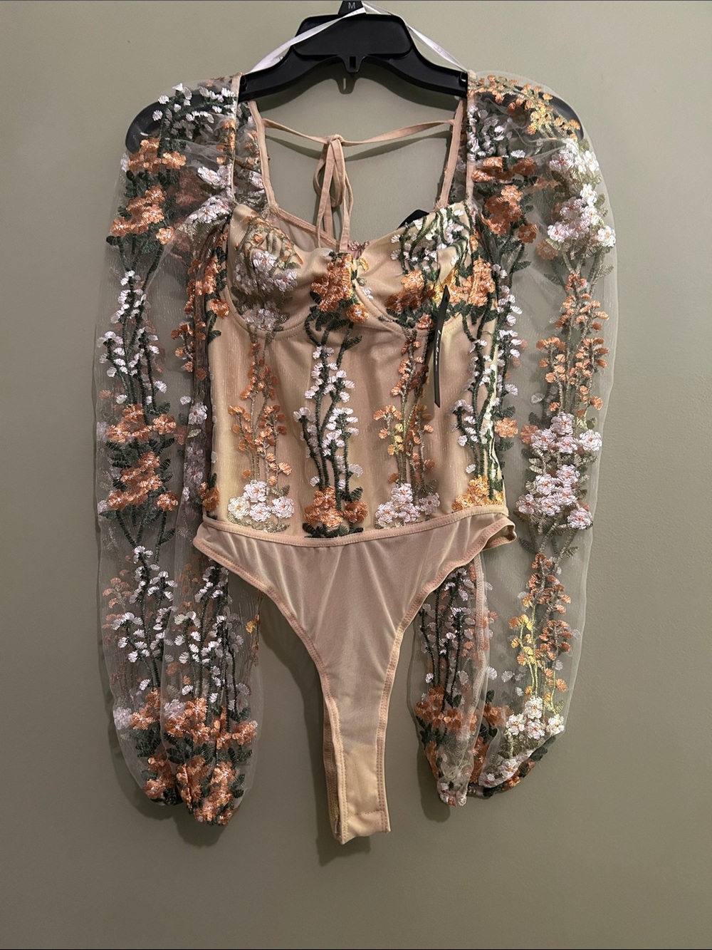 NWT Lulus Essence of Elegance Beige Embroidered Long Sleeve Bodysuit Size M